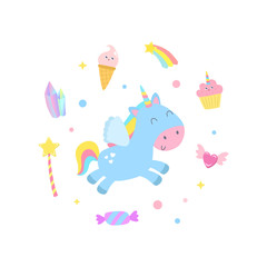 Cute unicorn and magical items vector illustration.