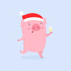 Cute cartoon pig with a glass of champagne. Symbol of 2019 new y