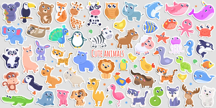 Cute cartoon animal stickers. flat design
