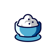 Blue plate with cottage cheese icon. Dairy product for breakfast. Diet food from milk. Natural healthy nutrition concept label. Organic meal logo. Series of images on culinary theme. Vector isolated