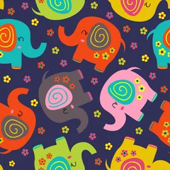 Foto op Plexiglas Olifant naadloos patroon met kleurrijke olifanten en bloemen - vectorillustratie, eps