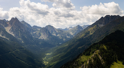 Panorama of Mountain Valley with Distant Peaks