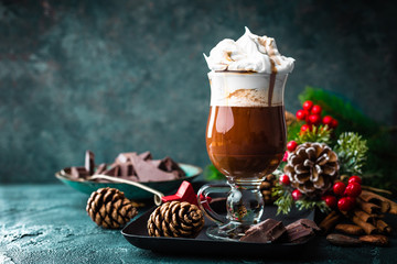 Hot chocolate with whipped cream with Christmas decorations