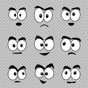 Cartoon eyes set on transparent background. Comics faces design collection. Put template emotion on objects and make them alive