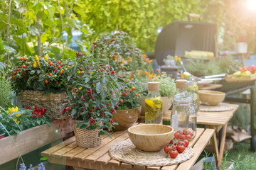 Vegetables on table in garden.