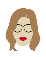 Female face with modern shoulder length brown hair style and black glasses. Flat vector icon or template on a transparent background..