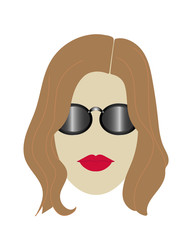 Female head modern shoulder length dark blond hairstyle and black sunglasses. Flat vector icon or template for glasses advertisement on transparent background..