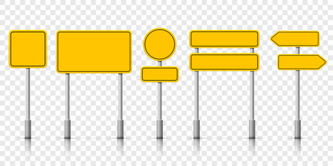 Yellow street road sign boards. Vector roadsign alert notice