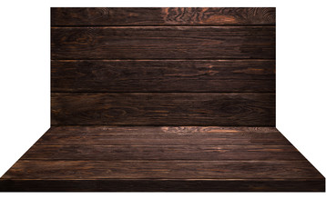 Wooden shelves, table and wooden planks background