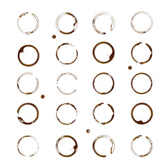 Set of 20 vector coffee stains. Brown coffee cup bottom rings and drop splashes isolated on white. Grunge circles.Design for café or restaurant menu.