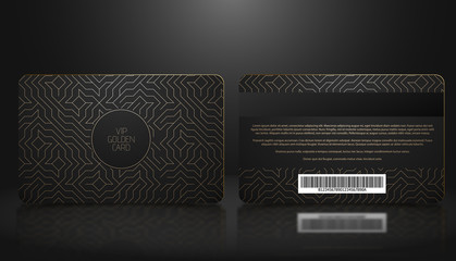 Vector template of membership or loyalty black VIP card with luxury golden geometric pattern. Front and back design presentation. Premium member, gift plastic card. - obrazy, fototapety, plakaty