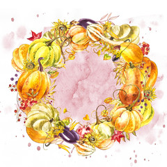 Autumn leaves and pumpkins wreath with space text on white background. Seasonal floral maple oak tree orange leaves with gourds for thanksgiving holiday, harvest decoration watercolor design.