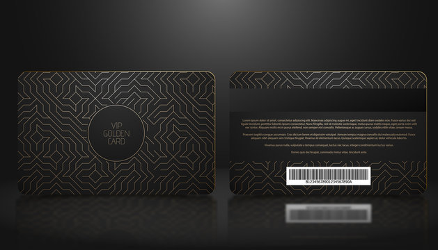 Vector template of membership or loyalty black VIP card with luxury golden geometric pattern. Front and back design presentation. Premium member, gift plastic card.