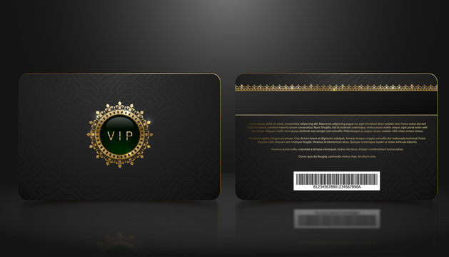 Vector template of membership or loyalty black VIP card with luxury geometric pattern. Front and back design presentation. Premium member, gift plastic card with golden crown, gem, barcode