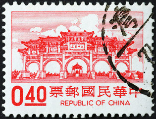 Old gate of temple on Taiwan postage stamp