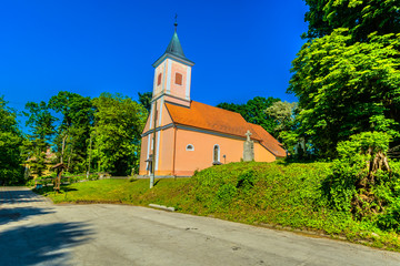 Fototapeta premium Church Zagorje landscape view./ Scenic view at small picturesque church in Northern Croatia, european travel places. 