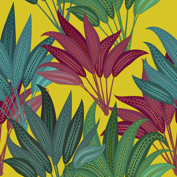 Seamless pattern of exotic jungle plant tropical palm leaves, floral vector on the yellow background.