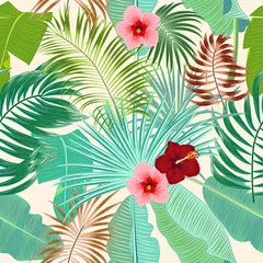 Tuinposter Seamless pattern of exotic jungle plant tropical palm leaves, floral vector. © Artlu