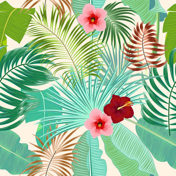 Seamless pattern of exotic jungle plant tropical palm leaves, floral vector.