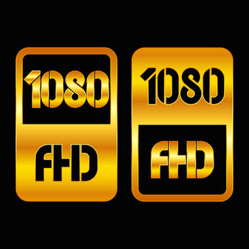 1080 Full HD format gold and cut icon. Pure vector illustration on black background
