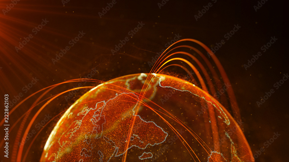 Poster Global network connection. World map point. Representing the global. Network connection. 3D rendering.