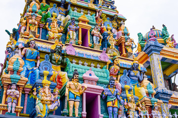 Kali Amman Temple in Negombo, Sri lanka. Detailed view on the vibrant colorful statues of hindu...