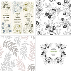 Olive design templates. Composition, seamless patterns, vertical banners. Vector illustration