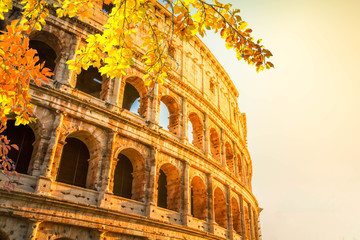 Obraz premium ruins of Colosseum at sunrise light in Rome, Italy at fall
