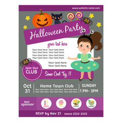 cute halloween party poster with alien costume kid