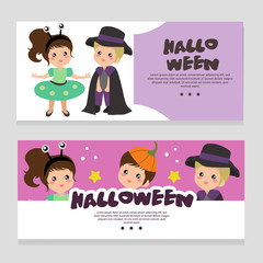 cute halloween theme banner with alien costume kids