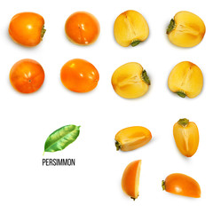 Fresh delicious persimmon isolated on white background. Creative minimalistic food concept. Top view. Flat lay.