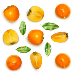 Fresh delicious persimmon isolated on white background. Creative minimalistic food concept. Top view. Flat lay.