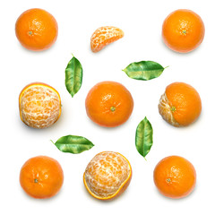 Fresh delicious mandarins, tangerine, clementine isolated on white background. Creative minimalistic food concept. Top view. Flat lay.