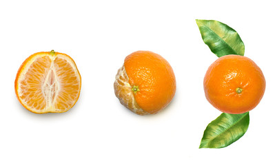 Fresh delicious mandarins, tangerine, clementine isolated on white background. Creative minimalistic food concept. Top view. Flat lay.