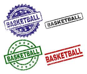 BASKETBALL seal prints with corroded style. Black, green,red,blue vector rubber prints of BASKETBALL text with retro style. Rubber seals with round, rectangle, rosette shapes.