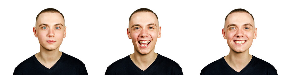 Obraz premium Set from portraits of young guy with short haircut isolated on white background.