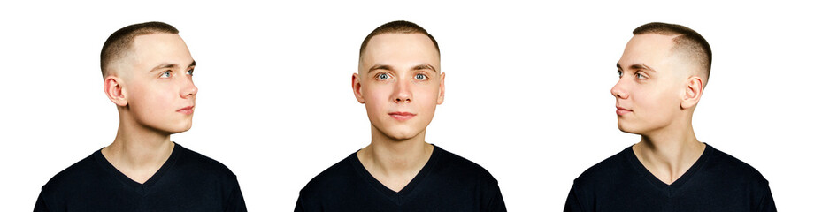 Set from portraits of young guy with short haircut isolated on white background.