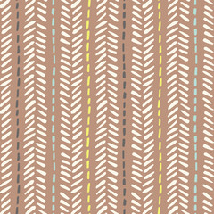 Hand drawn tribal herringbone stitches on brown background vector seamless pattern. Fresh geometric drawing