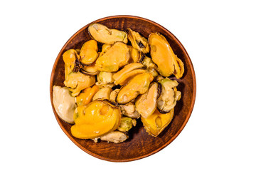 Ceramic plate with prepared mussels isolated on a white background