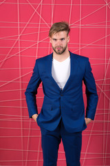Proper outfit influence reputation in society. Man or businessman wear classic dark blue suit....