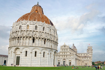 PISA, ITALY SEPTEMBER 2015: Pisa Baptistery, Cattedrale di Pisa and Torre di Pisa at Piazza del...