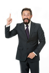 Excited man in business wear point finger up. Bearded man got business idea. Fresh idea. Just inspired