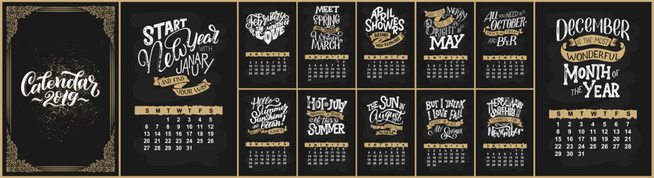 Vector calendar for months 2 0 1 9. Hand drawn lettering quotes for calendar design. Hand drawn style