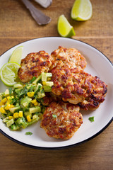 Homemade chicken patties or burgers with avocado corn salsa. vertical