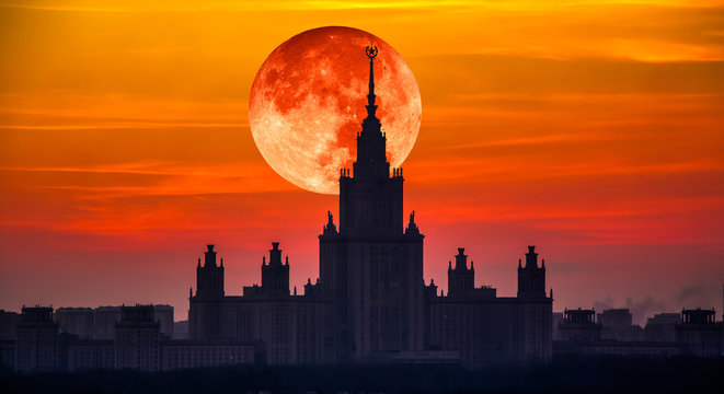 Moon collage of evening view of main building of Moscow State University