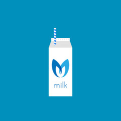 Small milk container with blue straw. Premium milk vector illustration with custom logo.