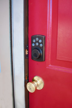 Red Residential Door With Keypad Entry