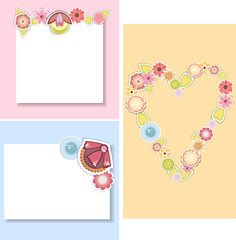 Set of templates for cards,wedding,valentines day,birthday invitations with floral stickers