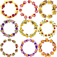 Set of vector wreaths with leaves, berries, decorative floral frames