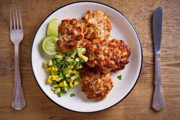 Homemade chicken patties or burgers with avocado corn salsa. overhead, horizontal